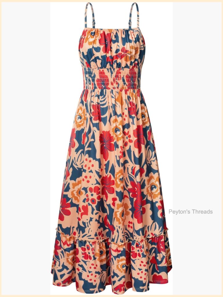 Smocked Floral Maxi Dress With Pockets Boho Sleeveless A-Line